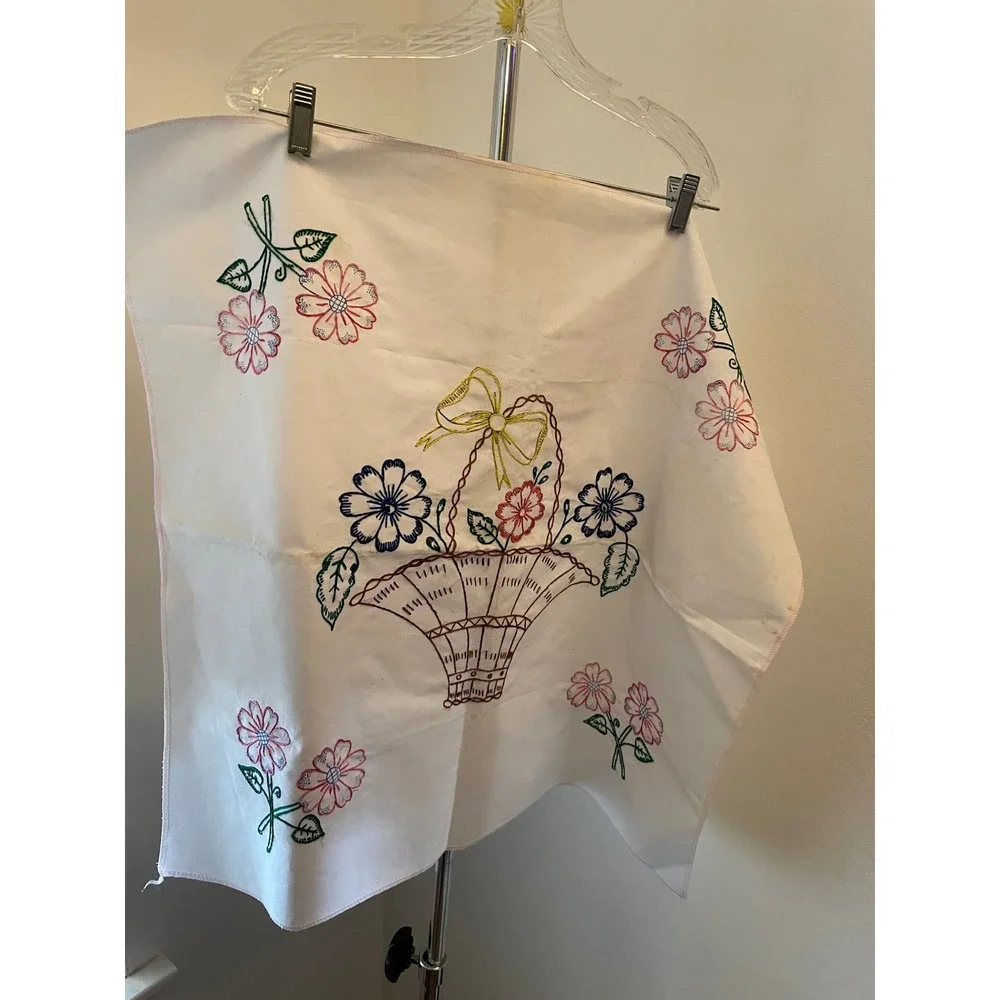 Vintage‎ Square Hand Embroidered White Cotton tablecloth Floral Basket Stains